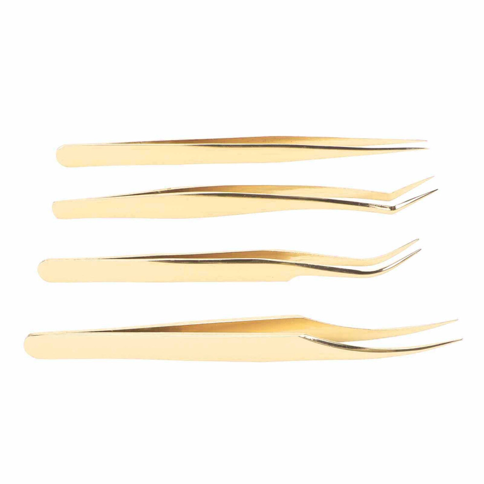 Gold Professional Stainless Steel 4-Pack Eyelash Tweezers Set For Lash & Nail Art