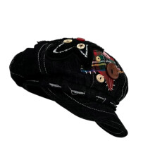 2000s Distressed Beret Hat Cabbie Caps Fashion Patched-Black