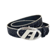 Fashion Snap Oval Buckle Belt for Women-Button edge beads bl