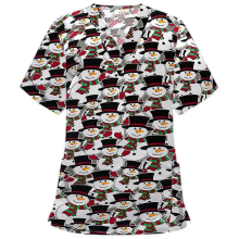 Christmas Women's Nursing Uniform Scrub Short Sleeve T-shirt Xmas Blouse Tee Tops White 2XL