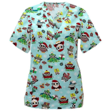 Christmas Women Nursing Uniform Scrub Short Sleeve T-shirt Xmas Blouse Tee Tops Light Green XL