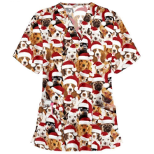 Christmas Women Nursing Uniform Scrub Short Sleeve T-shirt Xmas Blouse Tee Tops Yellow
