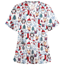 Christmas Women Nursing Uniform Scrub Short Sleeve T-shirt Xmas Blouse Tee Tops White Penguin XL
