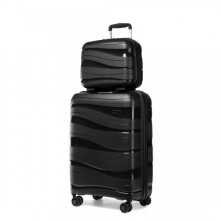 (20 INCH with 13 INCH VANITY CASE) [MissLulu Bags] Wave Design Lightweight Polypropylene Hard Shell 20''/24''/28'' Suitcase with TSA Lock and 14'' Vanity Case - Black