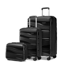 (2pc Cabin Set& Large Bundle(20''/28'' with vanity)) [MissLulu Bags] Wave Design Lightweight Polypropylene Hard Shell 20''/24''/28'' Suitcase with TSA Lock and 14'' Vanity Case - Black