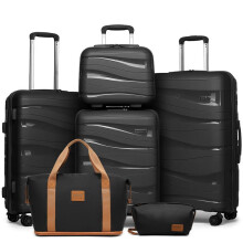 (5 PCS SET(20/24/28Inch & vanity case & duffel bag)) [MissLulu Bags] Wave Design Lightweight Polypropylene Hard Shell 20''/24''/28'' Suitcase with TSA Lock and 14'' Vanity Case - Black