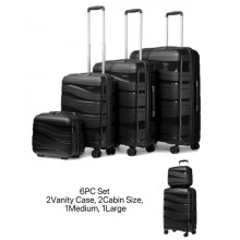 (6 PC Set (20''/20''/24''/28'' and 2 Vanity Cases)) [MissLulu Bags] Wave Design Lightweight Polypropylene Hard Shell 20''/24''/28'' Suitcase with TSA Lock and 14'' Vanity Case - Black