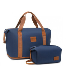 (Navy and Brown) [MissLulu Bags] 2 Pieces Expandable Durable Waterproof Travel Duffel Bag Set (Cabin Size/ 10 Colours)