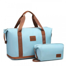 (Greyish Blue and Brown) [MissLulu Bags] 2 Pieces Expandable Durable Waterproof Travel Duffel Bag Set (Cabin Size/ 10 Colours)