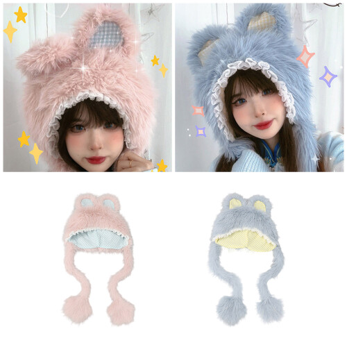 Furry Anime Ear Hat Women Daily Use Bendable Rabbits Ear-Blue 2