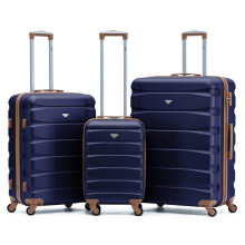 (Set of 3) Flight Knight Hard Shell ABS Medium, Large Check-In And Carry On Suitcases - SAFIR - Navy/Tan