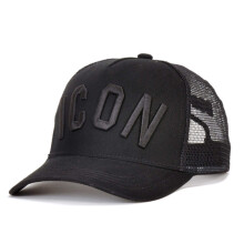 Black baseball cap with black embroidered lettering.