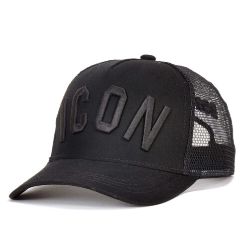 Black baseball cap with black embroidered lettering.