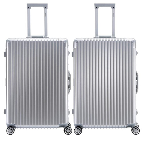 (L x 2) Flight Knight Hard Shell  Aluminium Frame, ABS Outer Check in Carry On Suitcases - Straight Vertical Lines - Silver