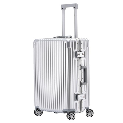 (Medium 26") Flight Knight Hard Shell  Aluminium Frame, ABS Outer Check in Carry On Suitcases - Straight Vertical Lines - Silver