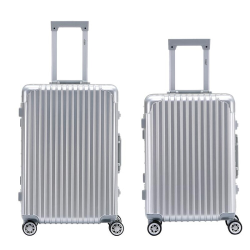 (S + M) Flight Knight Hard Shell  Aluminium Frame, ABS Outer Check in Carry On Suitcases - Straight Vertical Lines - Silver