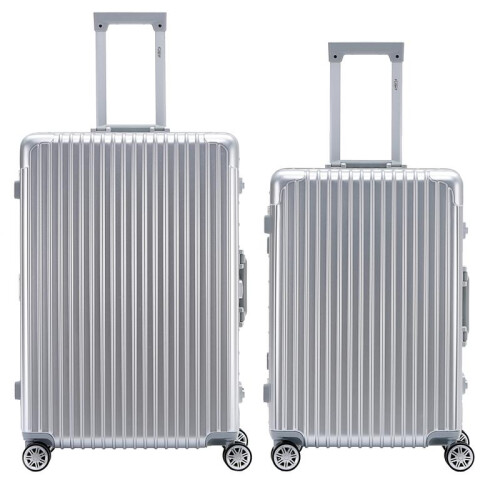 (M + L) Flight Knight Hard Shell  Aluminium Frame, ABS Outer Check in Carry On Suitcases - Straight Vertical Lines - Silver