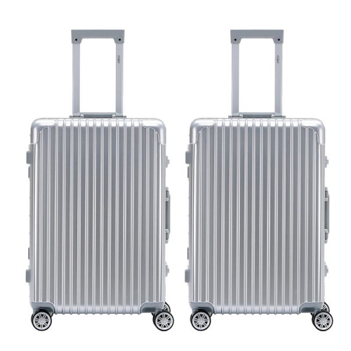 (M x 2) Flight Knight Hard Shell  Aluminium Frame, ABS Outer Check in Carry On Suitcases - Straight Vertical Lines - Silver