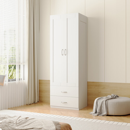 Living And Home (White) Modern 2-Door Wardrobe with 2 Drawers 2
