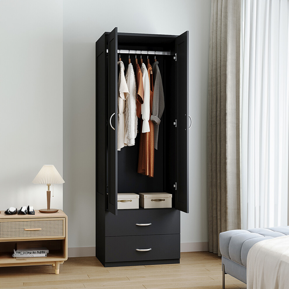 (Black) Modern 2-Door Wardrobe with 2 Drawers-image-OPC-PKHHTRJ-NEW