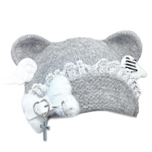 Punk Knit Cartoon Bear Hat with Lovely Ear and Bone for-Gray