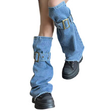 Distressed Washed Denims Leg Warmers for Women Buckled-Blue