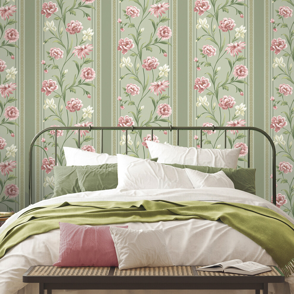 Sage Pink Floral Wallpaper Panel Effect Smooth Flat Finish Feature 5061103676900