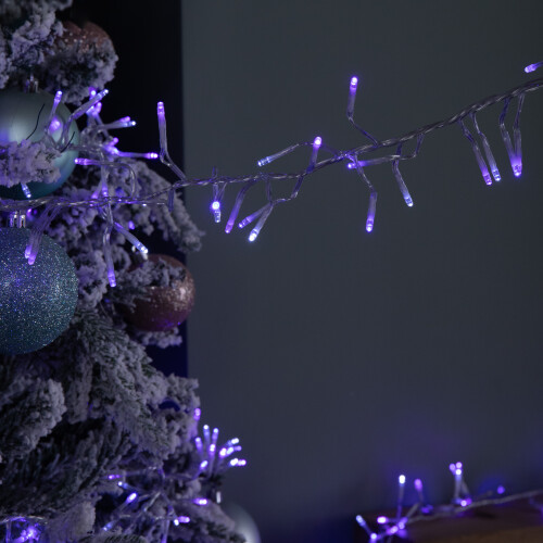 Premier 9.3m 720 LED Christmas Cluster String Lights with Timer in Blue, Purple & White on Clear Cable 1