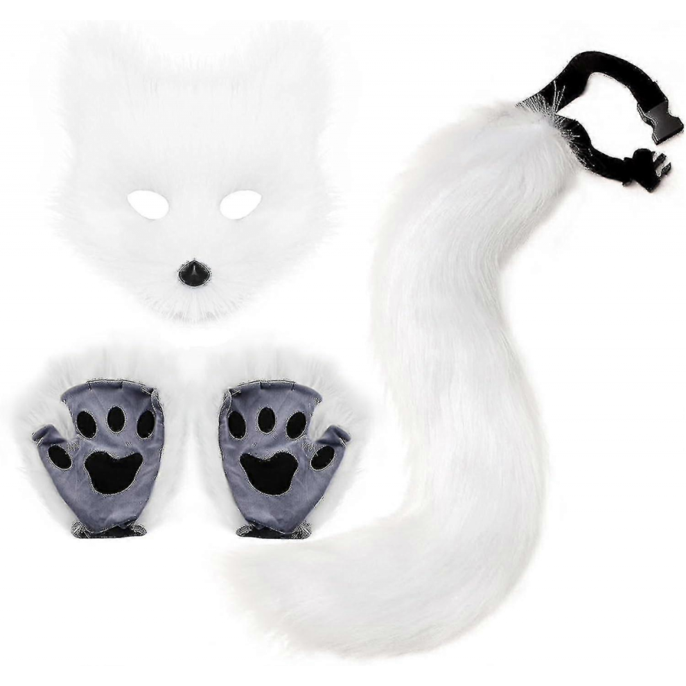 Faux Fur Fox Tail Cat Wolf Cosplay Costume Set Plush Mask Fluffy Paw Gloves Halloween ChristmasWhite-image-OPC-PKHHY2F-NEW