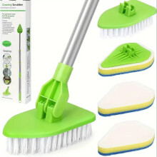 (Green, 1 set) Shower Cleaning Scrub Brush with Long Handle, 1 Set Cleaning Scrubber with 3 Sponge Brush Heads and 1 Stiff Bristle, Cleaning Supplies,