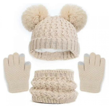Kids Winter Hat Gloves Scarf Set Knit Warm Toddler Winter Cap Gloves Neck Warmer For Boys Girls 1-8 YearBeige