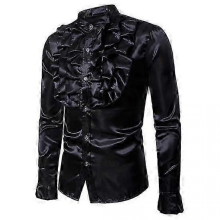 Men Vintage Formal Shirt Solid Color Ruffle Stand Collar Button Closure Male Flouncing Dress Shirt Long Sleeves Top Stage Performance CostumeblackL