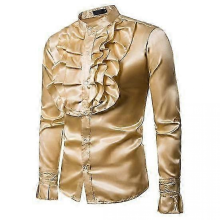 Men Vintage Formal Shirt Solid Color Ruffle Stand Collar Button Closure Male Flouncing Dress Shirt Long Sleeves Top Stage Performance Costumeyellow2XL