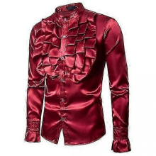 Men Vintage Formal Shirt Solid Color Ruffle Stand Collar Button Closure Male Flouncing Dress Shirt Long Sleeves Top Stage Performance Costumewine redL