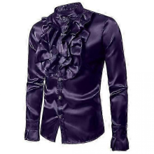 Men Vintage Formal Shirt Solid Color Ruffle Stand Collar Button Closure Male Flouncing Dress Shirt Long Sleeves Top Stage Performance CostumepurpleS