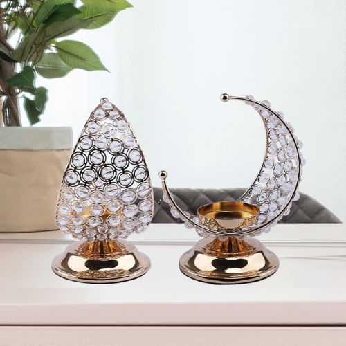Creative Moon Shape Candle Holder Golden Crystal Candlestick Tabletop Decor 1