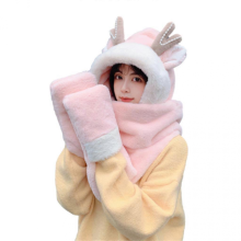 Antler Hat Cute Deer Horn Winter Hat Scarf Gloves Set For Girl Plush Scarf With Pocket Christmas Deer Hat Plush Feel HaLight pink