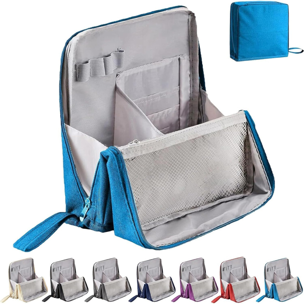 Blue Multi-Purpose Large Capacity Oxford Cloth Standing Makeup Bag With Compartments For Makeup Brushes Portable Waterproof Toiletry Bag