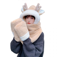 Antler Hat Cute Deer Horn Winter Hat Scarf Gloves Set For Girl Plush Scarf With Pocket Christmas Deer Hat Plush Feel Hat Light pinkBeige