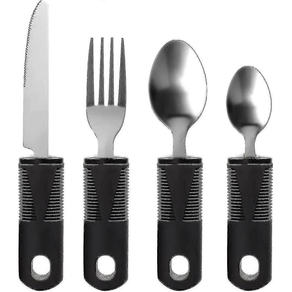 Easy Grip Cutlery Set, Soft And Comfortable Cutlery, Suitable For Disabled, Elderly, Parkinson's And Arthritis (, 4 Pieces) Black