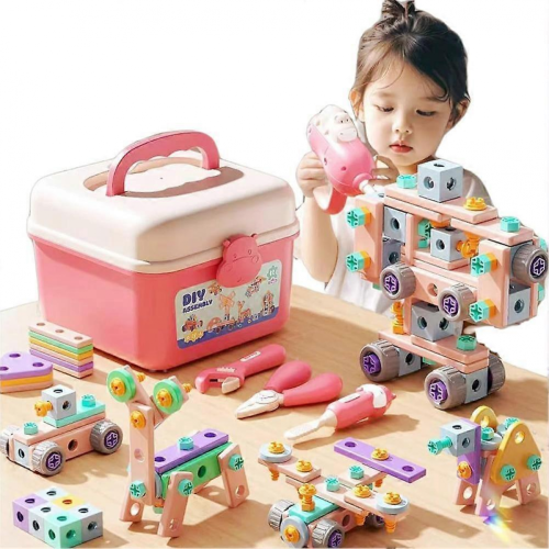 146Pcs Creative Engineering Building Toys And Portable Toolbox Kids Tool SetPink