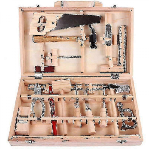 Children's Carpenter Tool Set with 16 Real Tools for Disassembly and Assembly, Multifunctional Wooden Tool Box