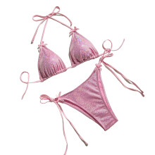 Women 2Pcs Lacing up Swimming Suit Beachwear Solid-Pink M