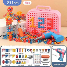 Kids Electric Drill Screw Nut Puzzles Toys Pretend Play Tool Disassembly Assembly Drill 3D Puzzle Toys For Boy Children Giftsred 211pcs