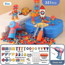 Kids Electric Drill Screw Nut Puzzles Toys Pretend Play Tool Disassembly Assembly Drill 3D Puzzle Toys For Boy Children Giftsblue 351pcs