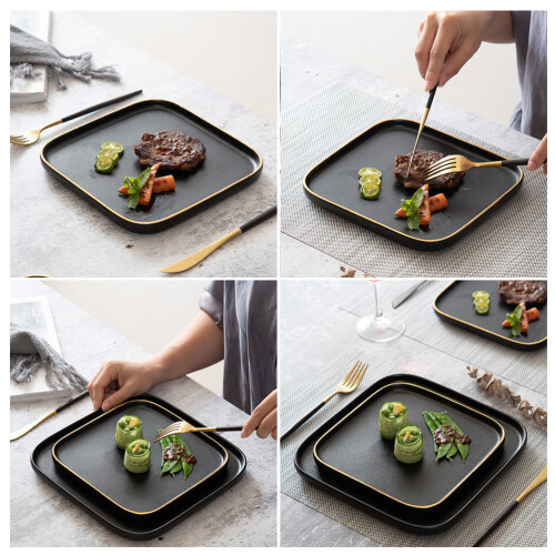 1pc Ceramic Square Steak Plate 6 Inches Golden Black 1