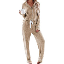 Women's Pajamas Set,Ladies Long Sleeve Button Down-Khaki M