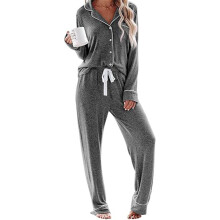 Pajamas Set Womens Long Sleeve Button Down-Dark Grey XXL