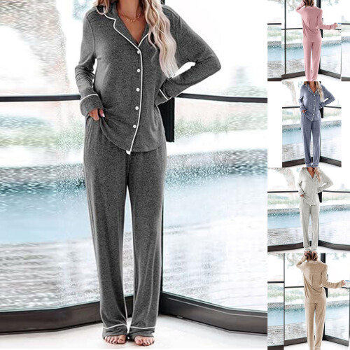 Pajamas Set Womens Long Sleeve Button Down-Dark Grey XXL 1