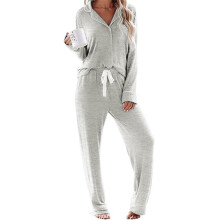 Women Pajamas Set Long Sleeve Sleepwear Nightwear Two-Gray XL